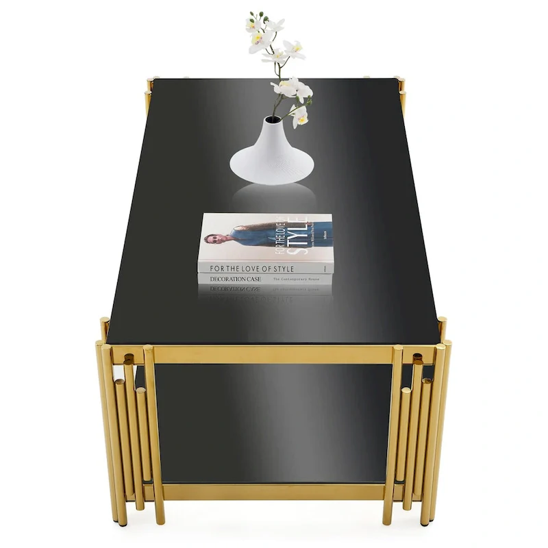 48  Wide Rectangular Coffee Table with Glass Top, Stainless Steel Double-Layer Coffee Table