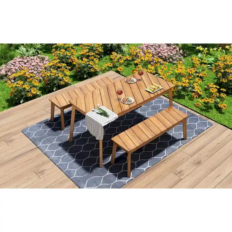 GO 3 Pieces Acacia Wood Table Bench Dining Set For Outdoor & Indoor Furniture With 2 Benches
