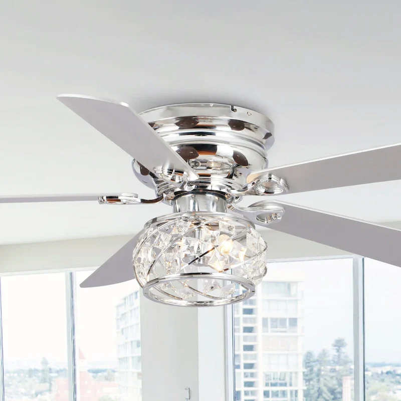 48  Chrome Wooden 5-Blade Crystal Flush Mount Ceiling Fan with Remote