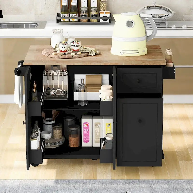 Kitchen Island with Drop Leaf,with Spice Rack, Towel Rack