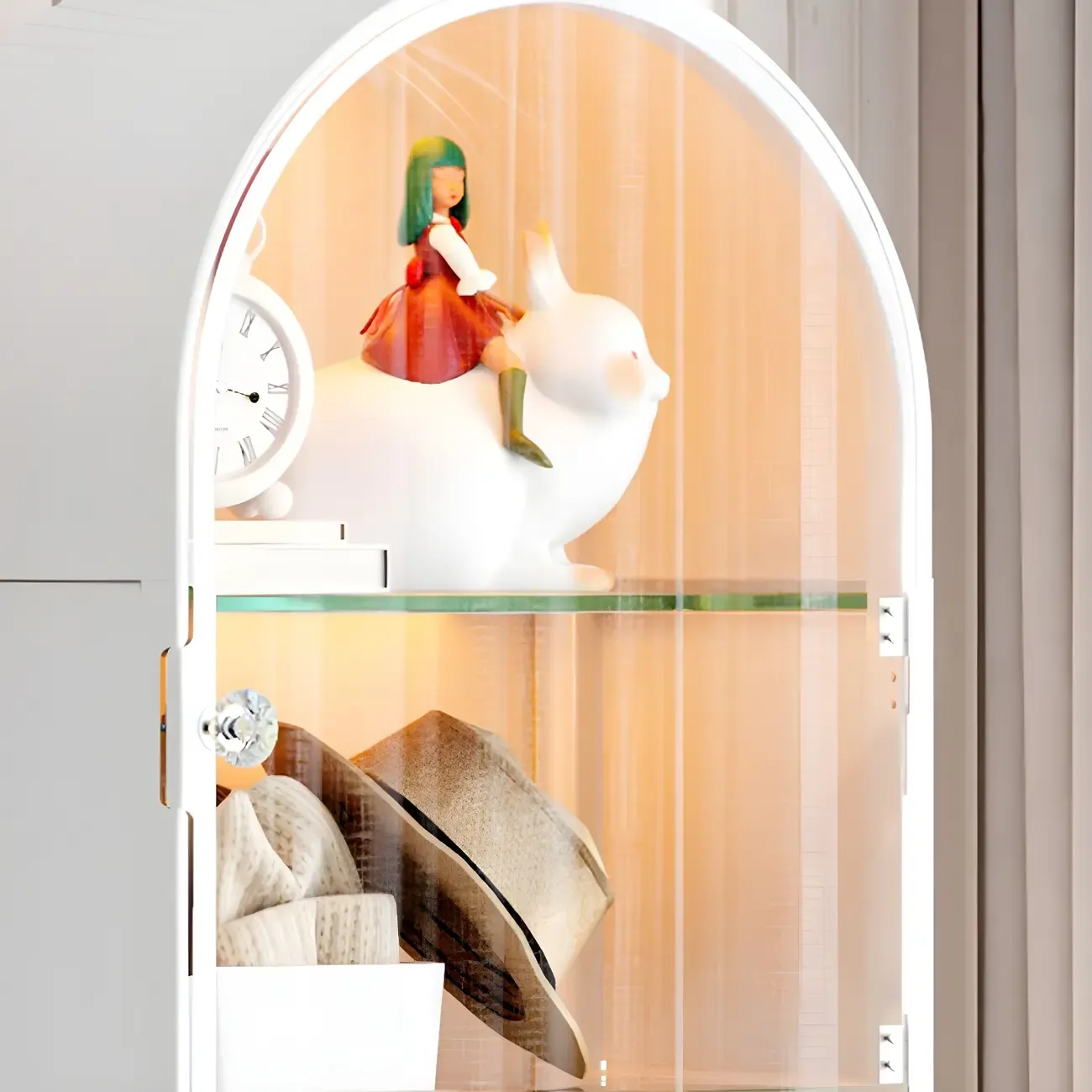 Adjustable Steel Arch Glass Shelf Display Cabinet with Light