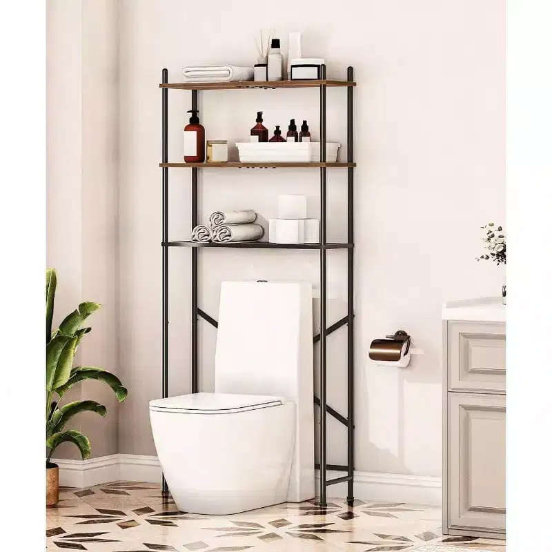 Over Toilet Storage 3 - Tier 2 - Tier Bathroom Organizer Freestanding Shelf with Adjustable Feet Rustic Brown and Black