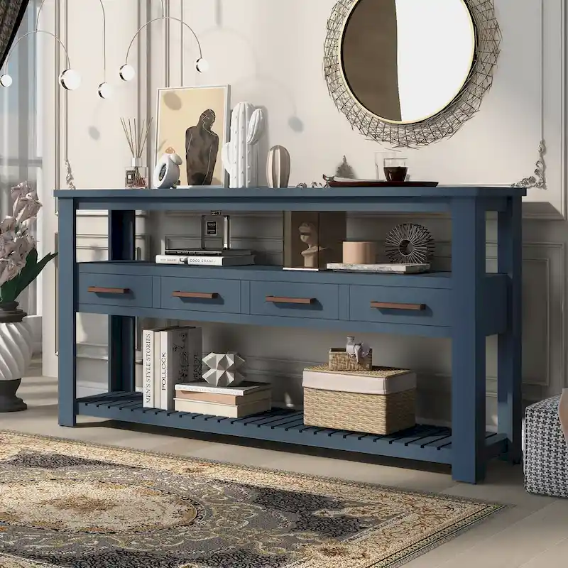 Black / Navy Blue / White Vintage-Style Console Table with 4 Drawers & 2 Open Shelves, 1-Person