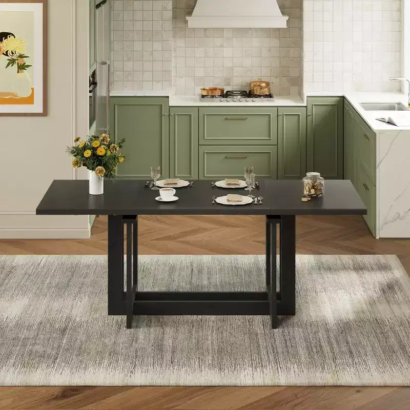 Whisen Rustic 82 Extendable Dining Table, Trestle Kitchen Table with Rubber Wood Legs, 2 Removable Leaves