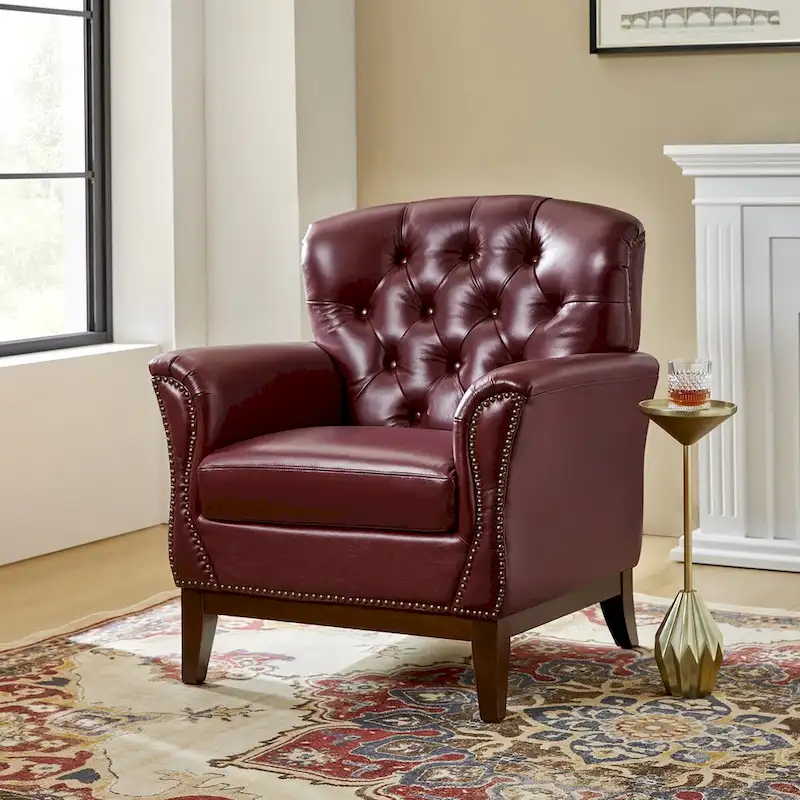 Genuine Leather Tufted Wingback Accent Chair with Nailhead Trim