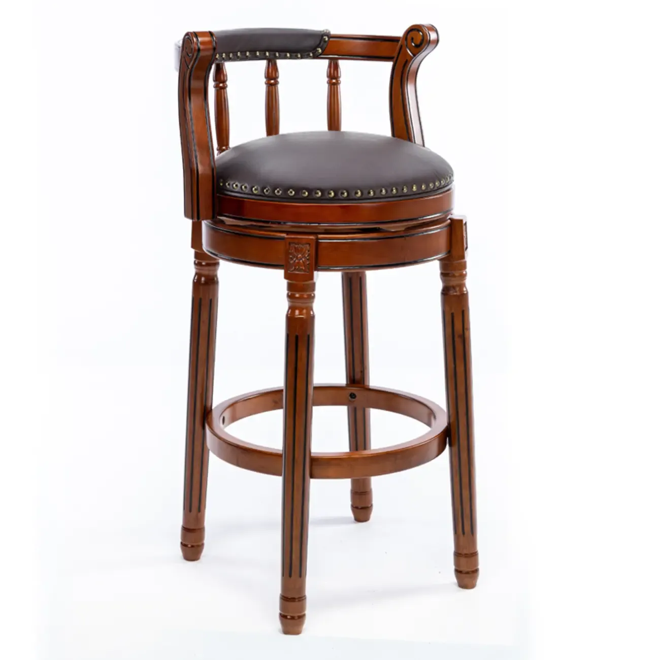 Swivel Counter Height Bar Stools in Genuine Leather & Walnut Solid Wood