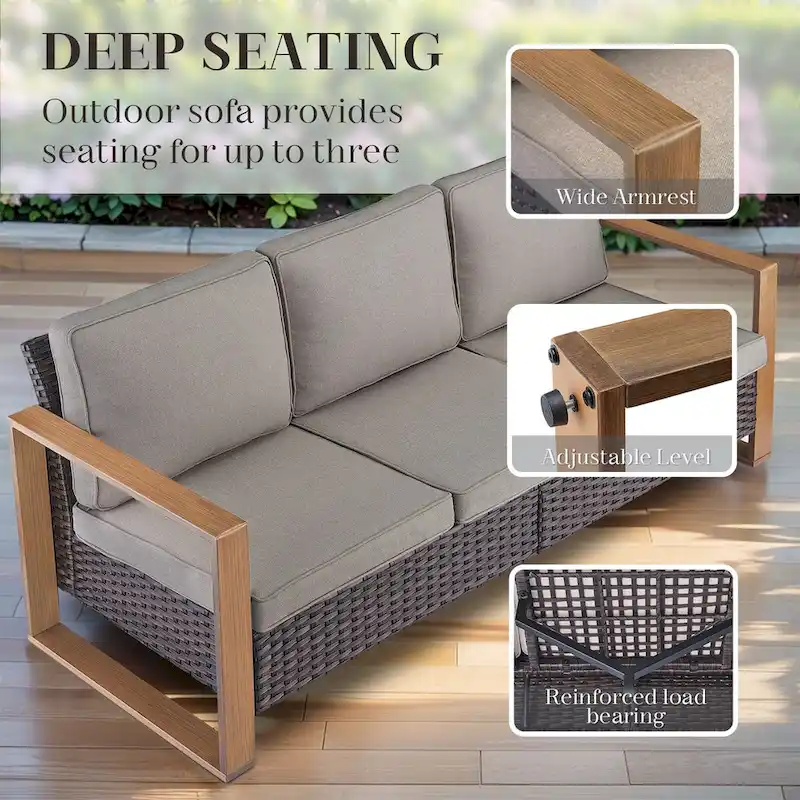 Gymojoy PE Rattan Sofa Deep Seating Sofa with Ottoman - Brown