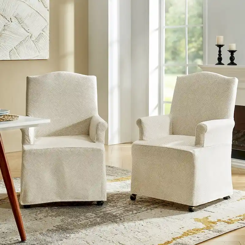 Upholstered Slipcover Arm Dining Chairs with Solid Wood Legs Set of 2