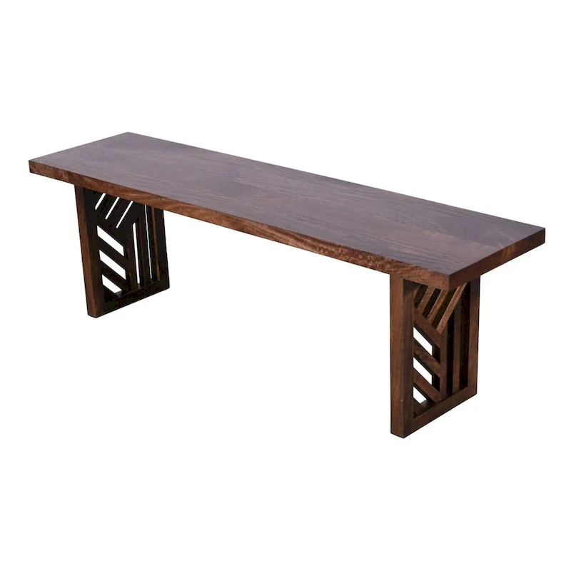 Rise 58 Inch Dining Bench, Geometric Base, Wood Grain Design, Brown Wood