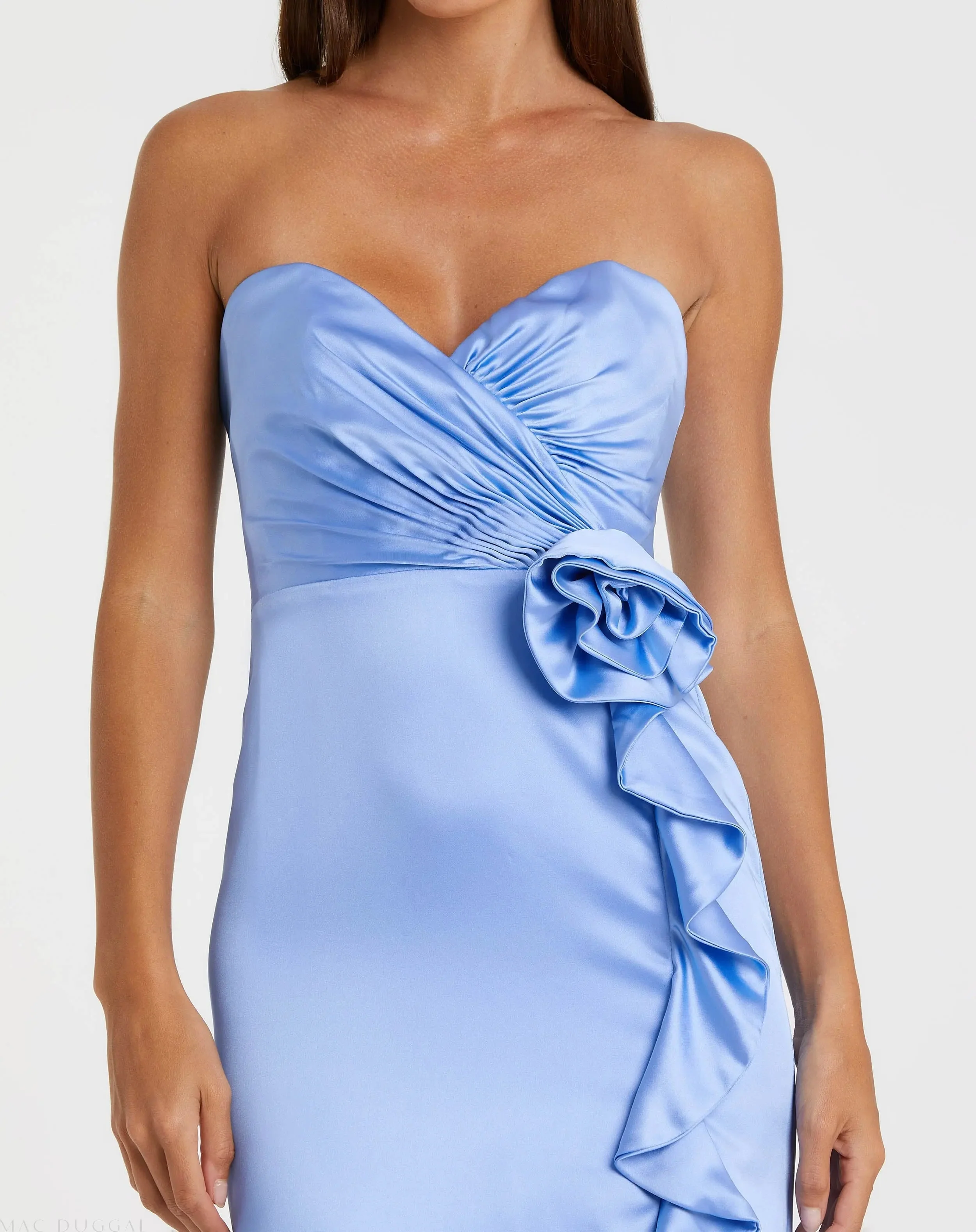 Blue Strapless Satin Column Gown With 3D Flower