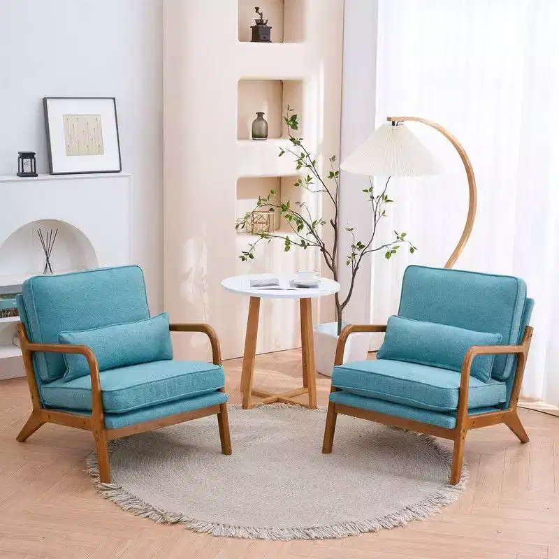 Karl Home 2Pcs Mid Century Solid Wood Accent Chair Upholstered Armchair with an Extra Pillow