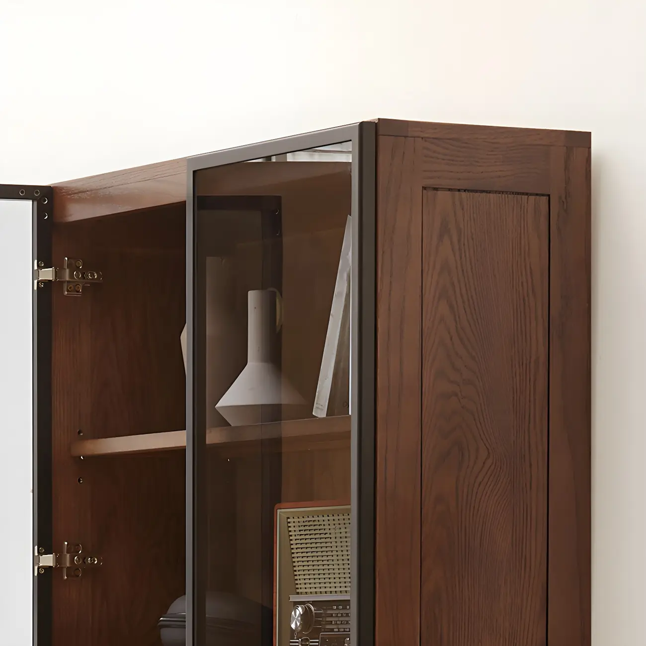 Adjustable Shelves Glass Solid Wood Display Wine Cabinet