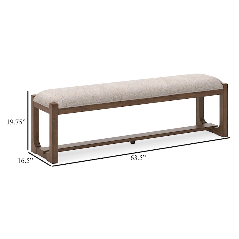 Cabal Large Dining Bench, Padded Beige Polyester, Brown Wood, 64 Inch