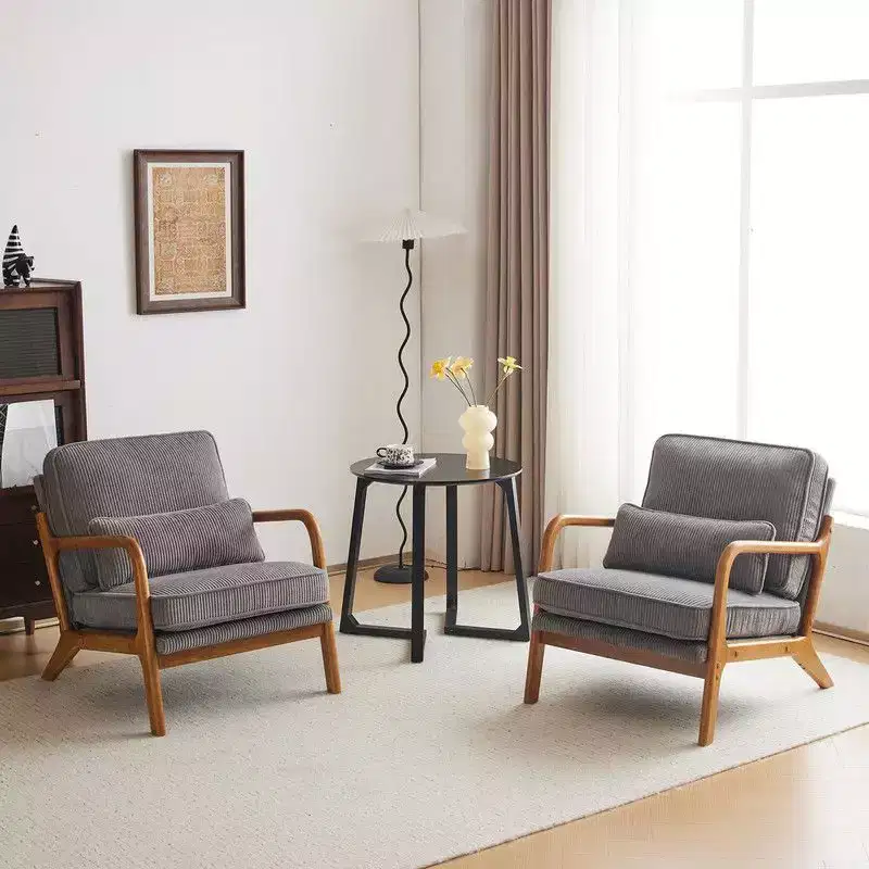 Karl Home 2Pcs Mid Century Solid Wood Accent Chair Upholstered Armchair with an Extra Pillow