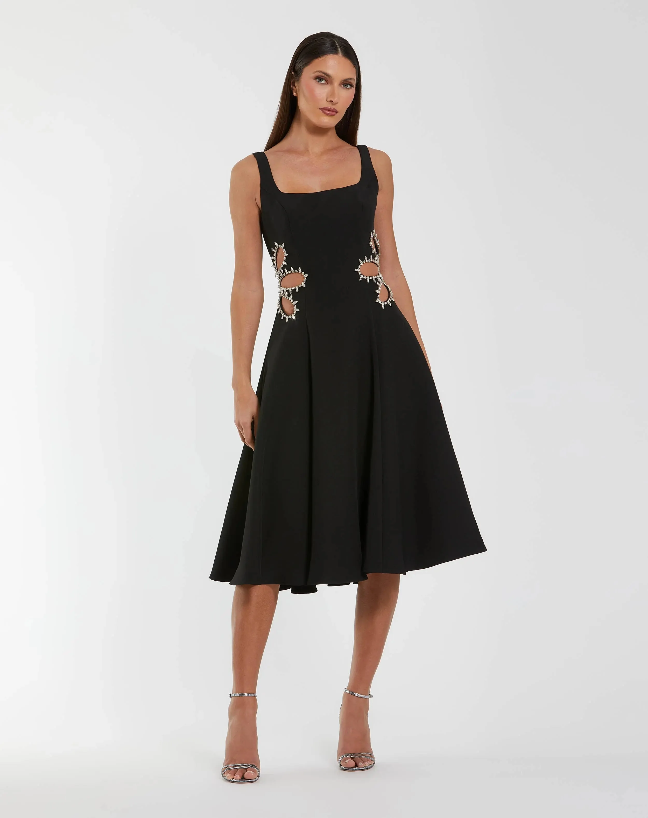 Black Sleeveless Crepe Rhinestone Cutout Midi Dress