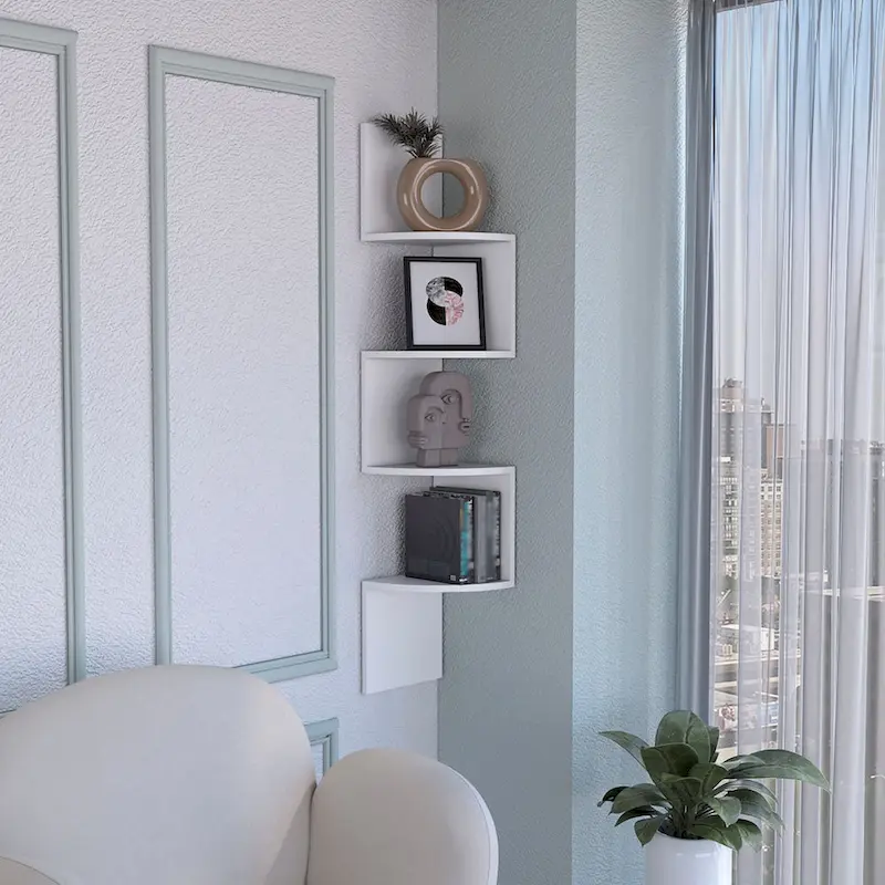 Black / White Corner Wall Shelf — 4-Tier, 1-Person Assembly
