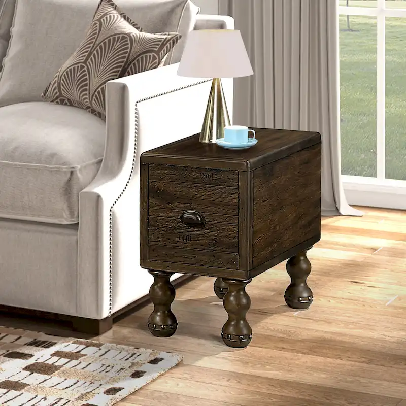 Solid Wood End Table, Rectangle 23.6 inch Narrow Side Table with Drawer, Vintage Bedside Table Nightstand for Small Spaces