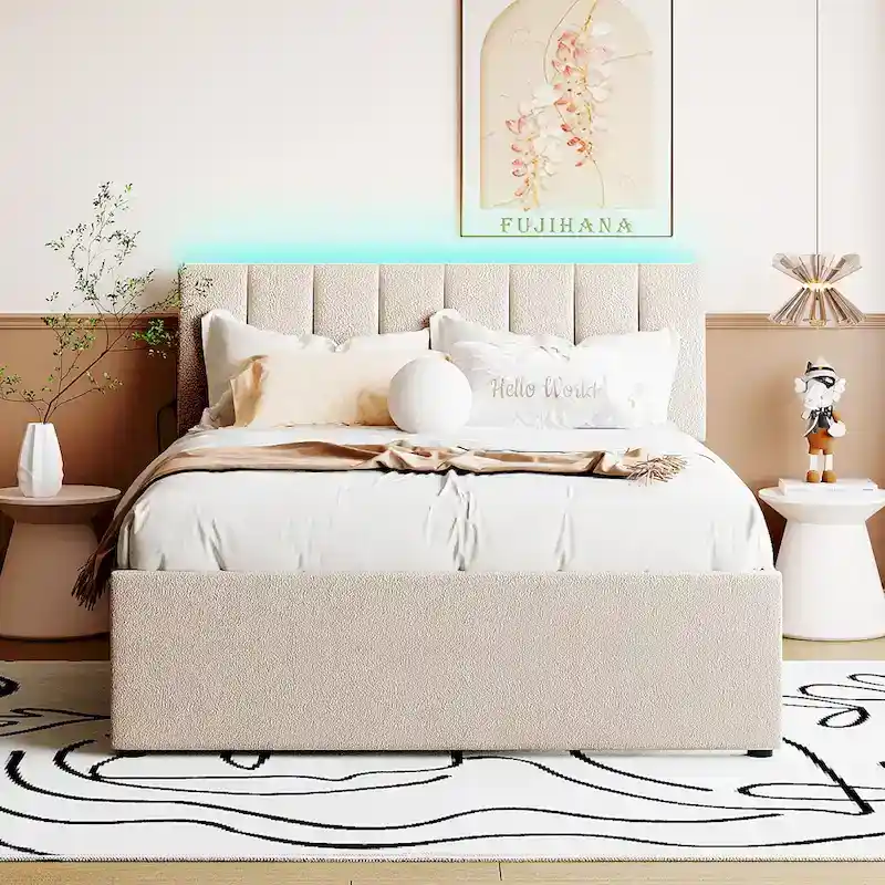 Upholstered Platform Bed with Trundle and LED Lighting