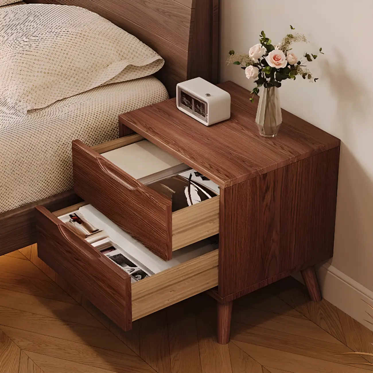 Traditional Wooden Nut-Brown Bedside Double Drawer Nightstand