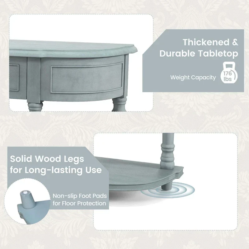 Blue Retro Console Table with 2 Drawers and Shelf