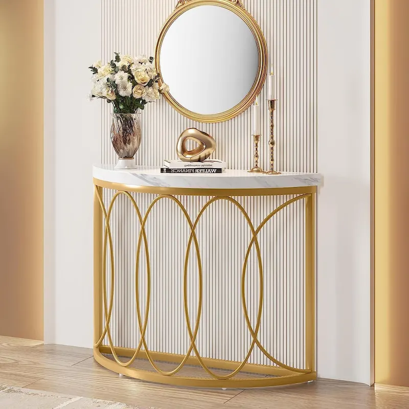 Half Moon Gold Console Table, 43 Inch Modern Faux Marble Entryway Table