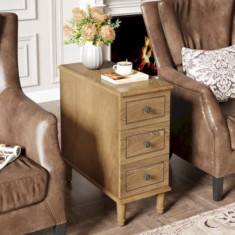 Fully Assembled Narrow End Table, Solid Wood Side Table with 3 Drawers, Vintage Nightstand Slim Bedside Table for Small Spaces