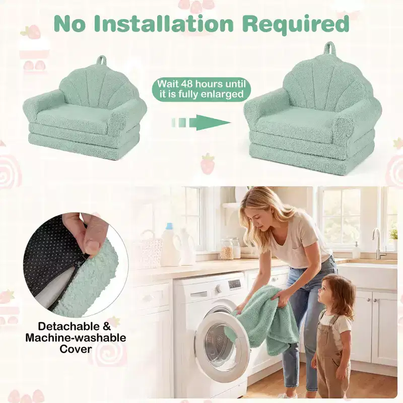 Costway Fold-out Kids Sofa 2-in-1 Convertible Toddler Couch & Lounger with Non-slip Base Beige/Green/Pink