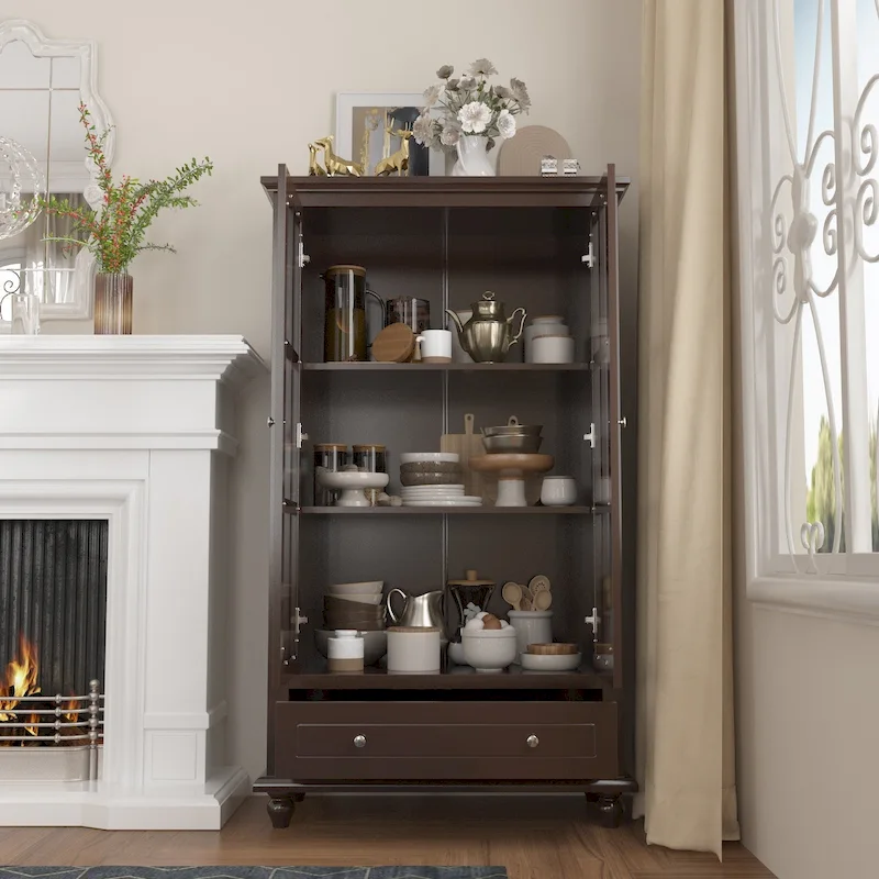 Tall Glass-Door Display Cabinet with Drawer – Dark Brown / White / Black, Modern Style