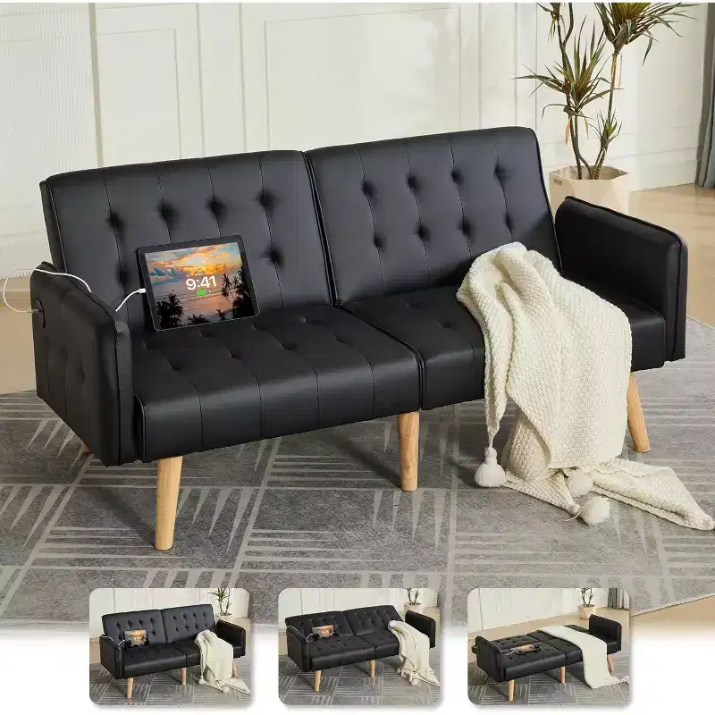 TYBOATLE 65 Convertible Faux Leather Futon Sofa Bed, Modern Upholstered Couch with USB, Folding Loveseat for Small Space, Apartment, Dorm, Office