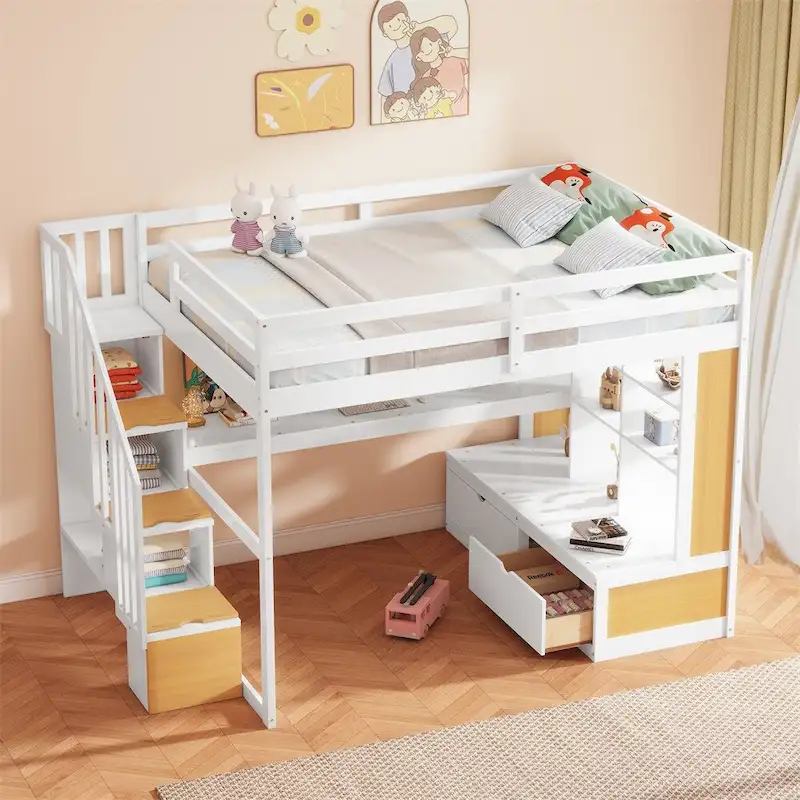 White Full Size Loft Bed with Desk, Shelves & Storage Staircase, Single