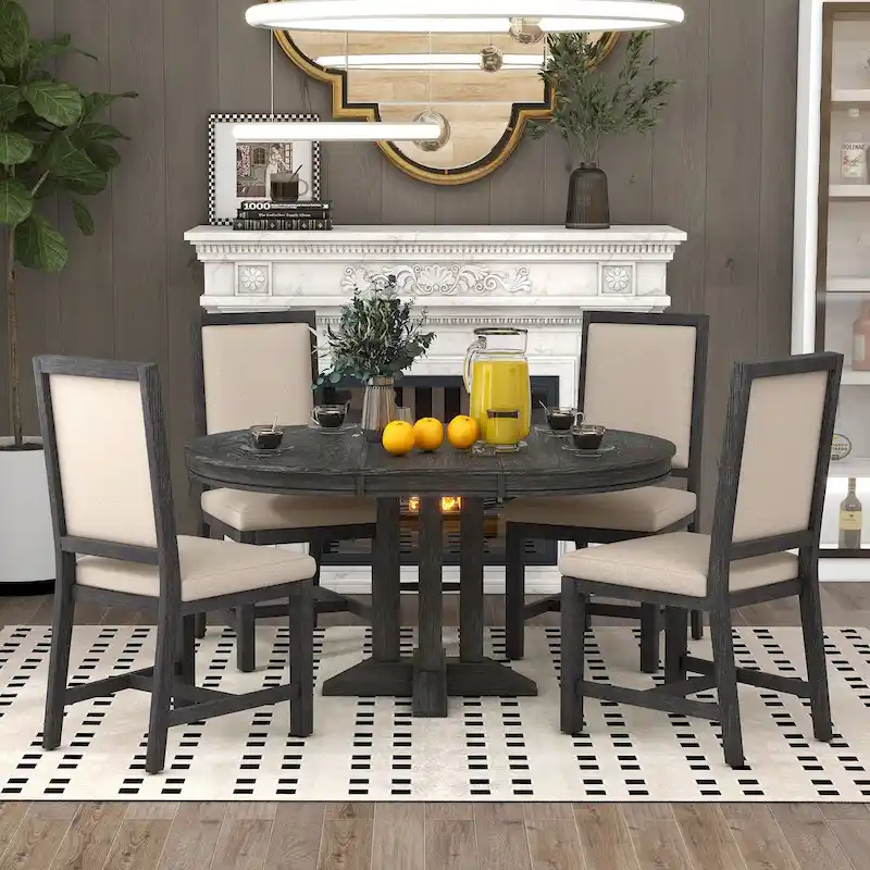 Black, Extendable Round Dining Table Set for 6, 5-Piece