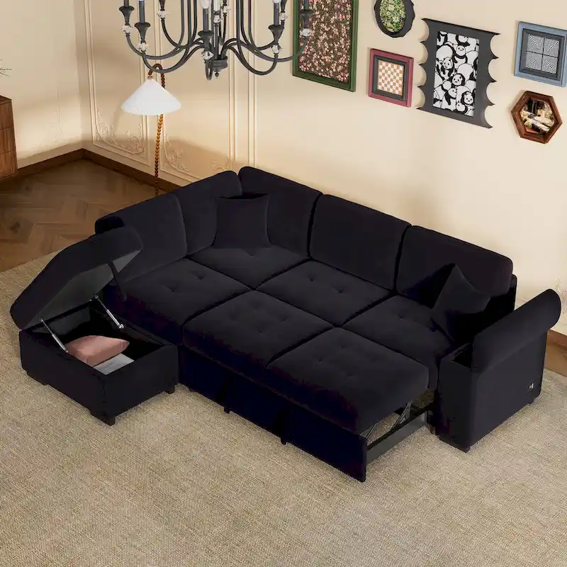 Sleeper Sectional Sofa, L-Shape Corner Couch Sofa-Bed with Storage Ottoman & Hidden Arm Storage & USB Charge for Living Room Ap