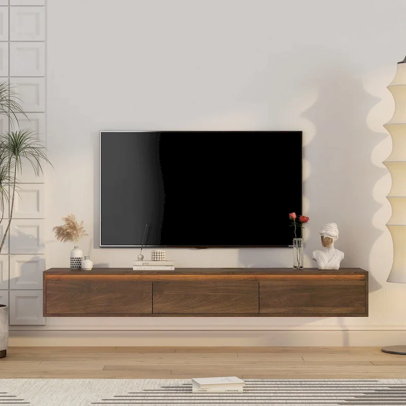 Modern Wood Floating TV Stand with 3 Storage Cabinets and LED Lights for Living Room Bedroom and Home Theater