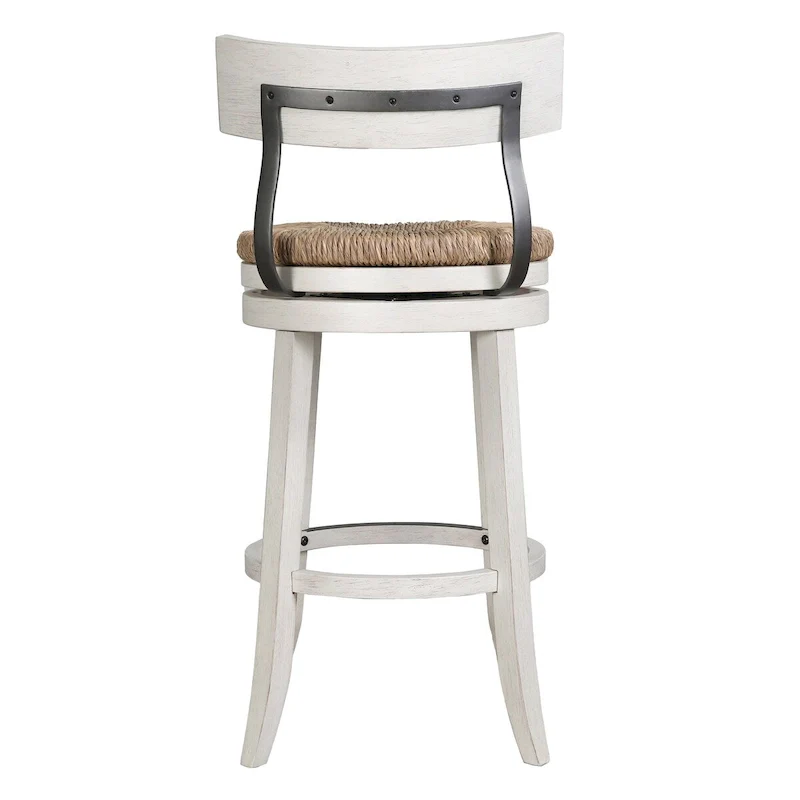 Farmhouse Swivel Wood and Steel Bar Stool with Natural Seagrass Seat
