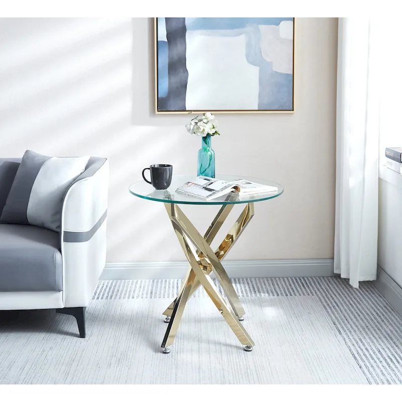 Modern Round Tempered Glass End Table with Stainless Steel Legs