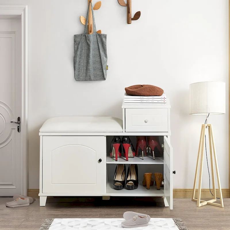 Shoe Storage Bench with PU Cushion and Movable Drawer