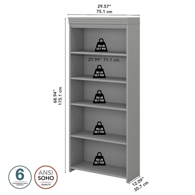 Fairview Antique White 5-shelf Bookcase - Antique - 29.57L x 12.09W x 68.94H