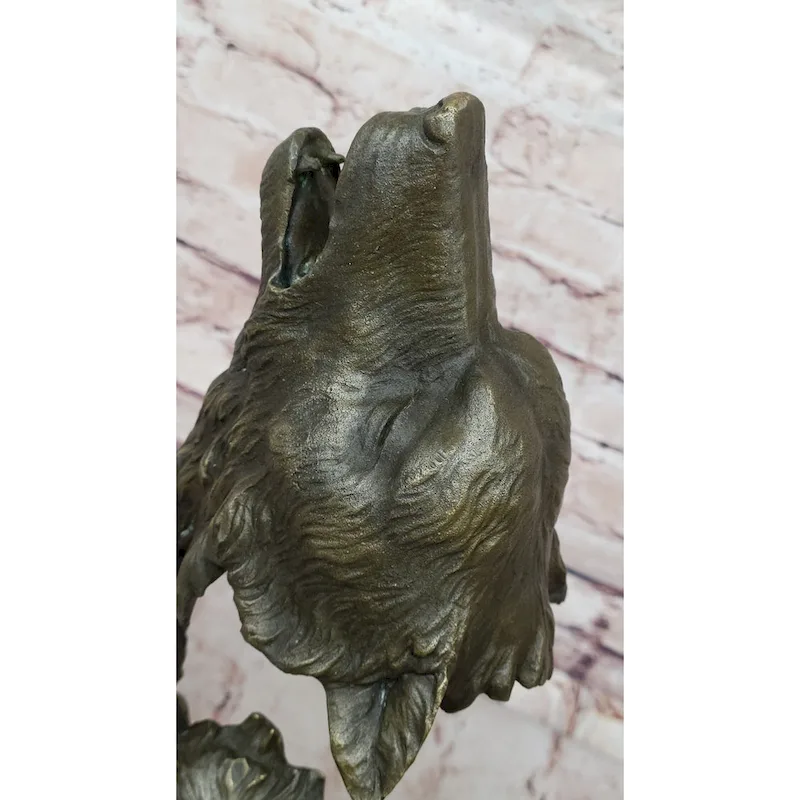 Howling Wolves Bronze Sculpture  Striking Dual Imitative Wolf Heads On Marble Base