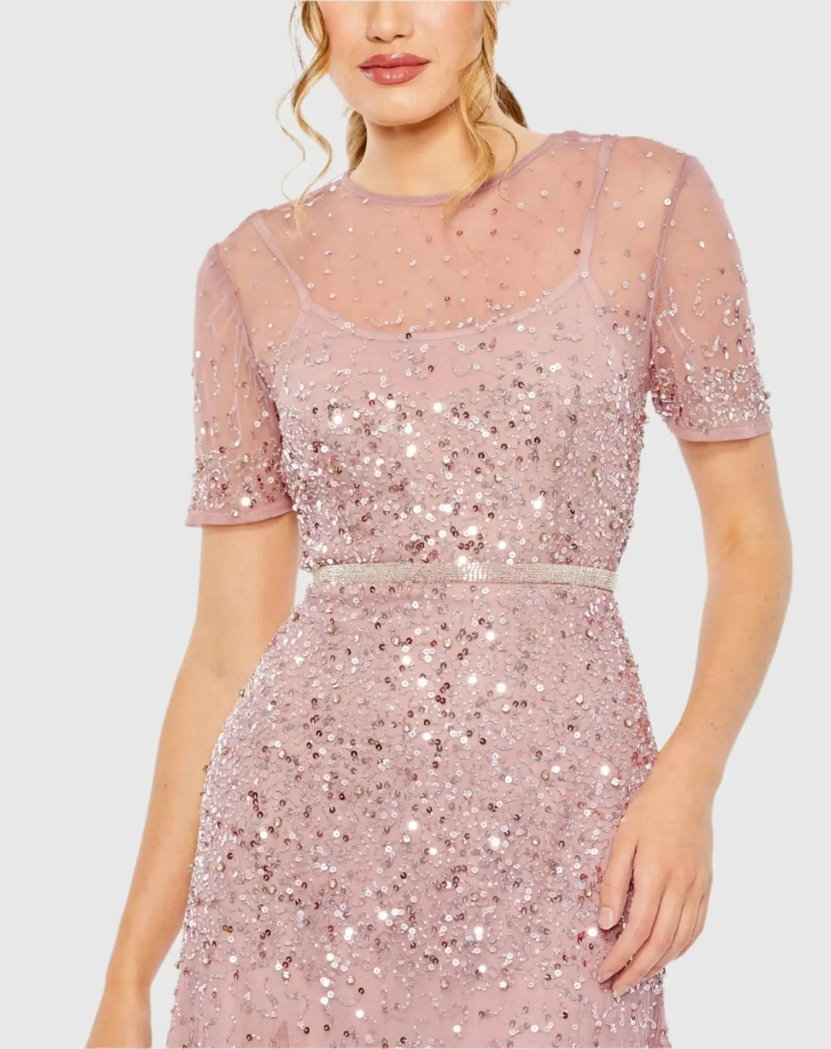 Pink High Neck Short Sleeve Sequin Embellished Gown