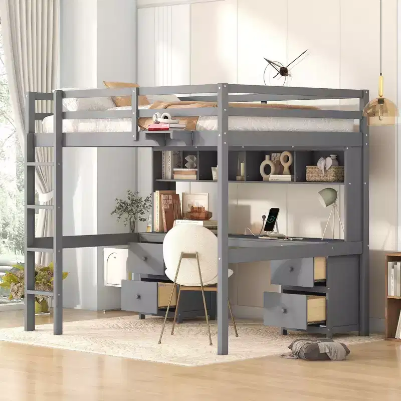Okak Full Size Loft Bed with Desk & Storage,Wooden Bunk Beds with Charging Station & Cabinets,Multi-Functional Loft Bed for Kids,Teens