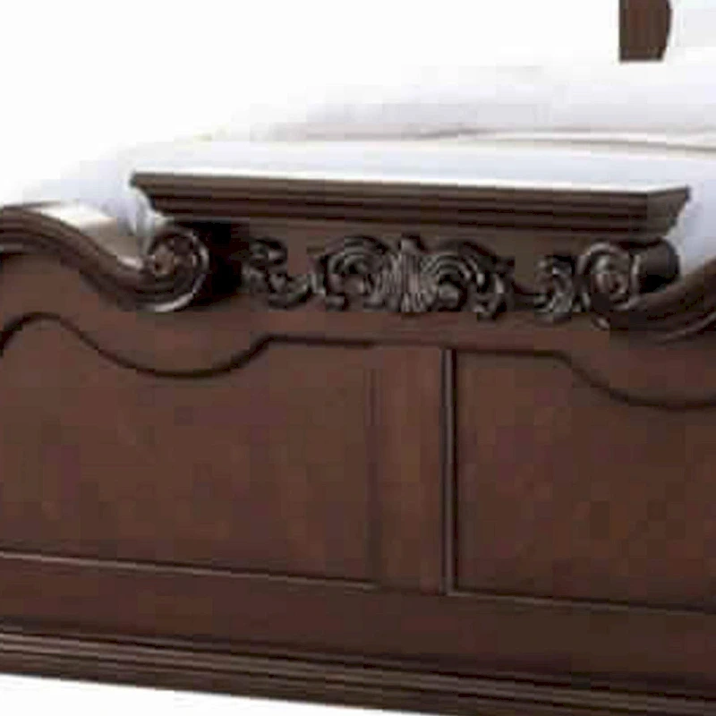 Dark Walnut Carved & Upholstered Wooden Queen Bed