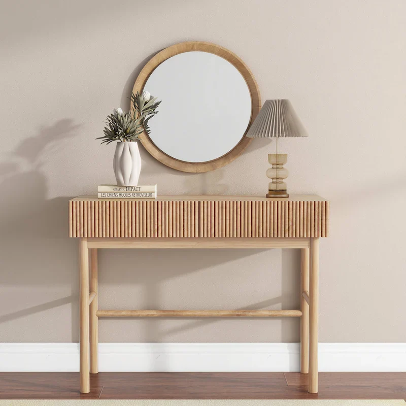 Solid Wood Console Table with 2 Drawers - Natural Brown