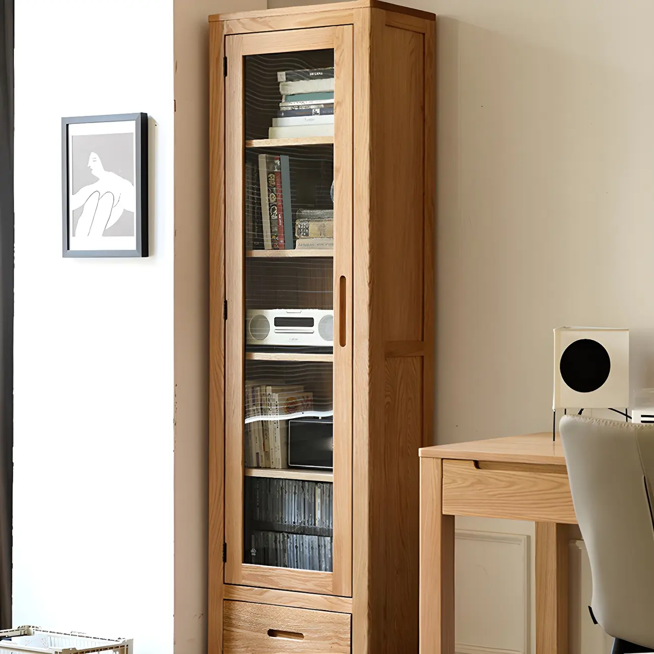 2-Drawer Natural Wood Display Cabinet Adjustable Shelves