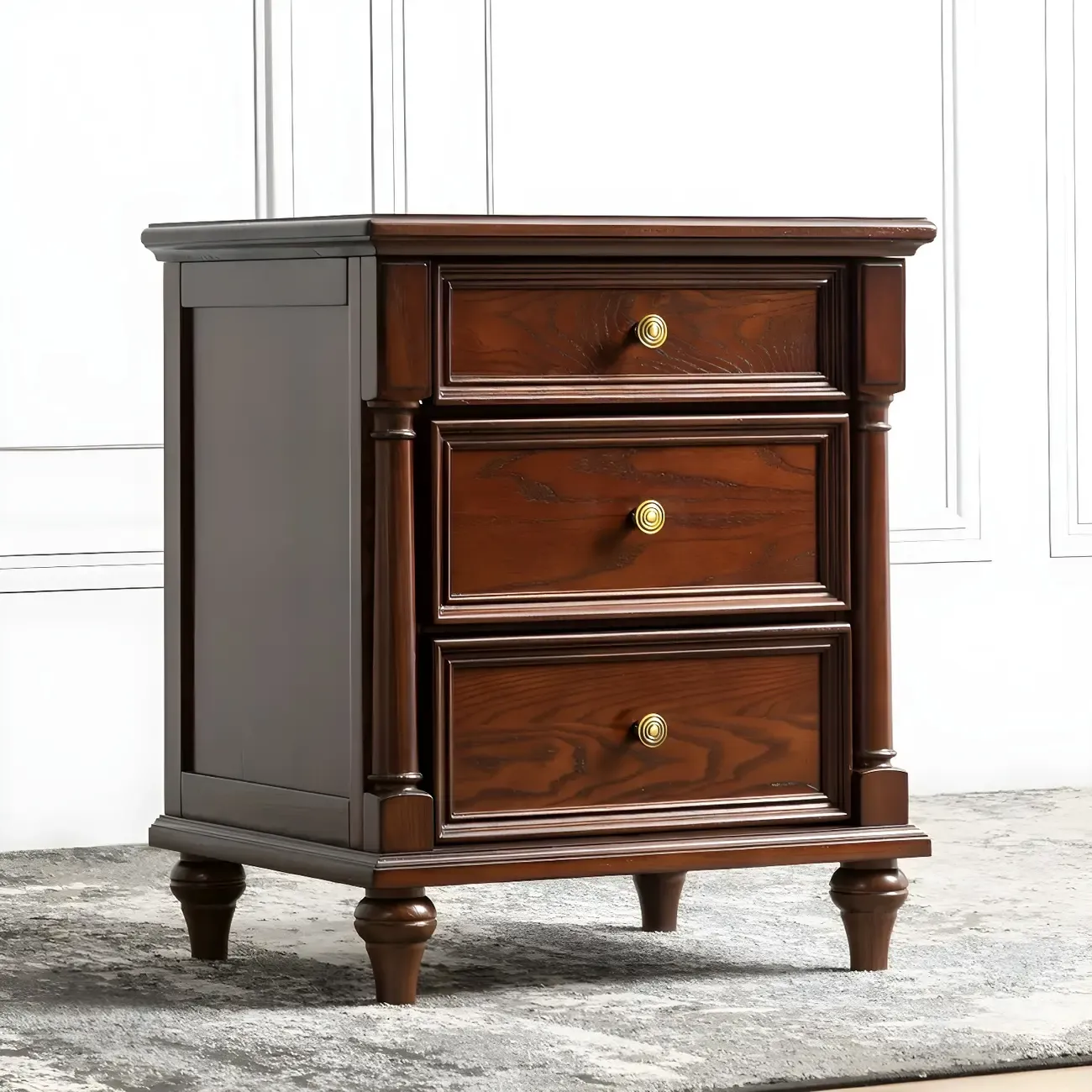 Traditional Ash Wood Nut-Brown 3-Drawer Bedroom Nightstand