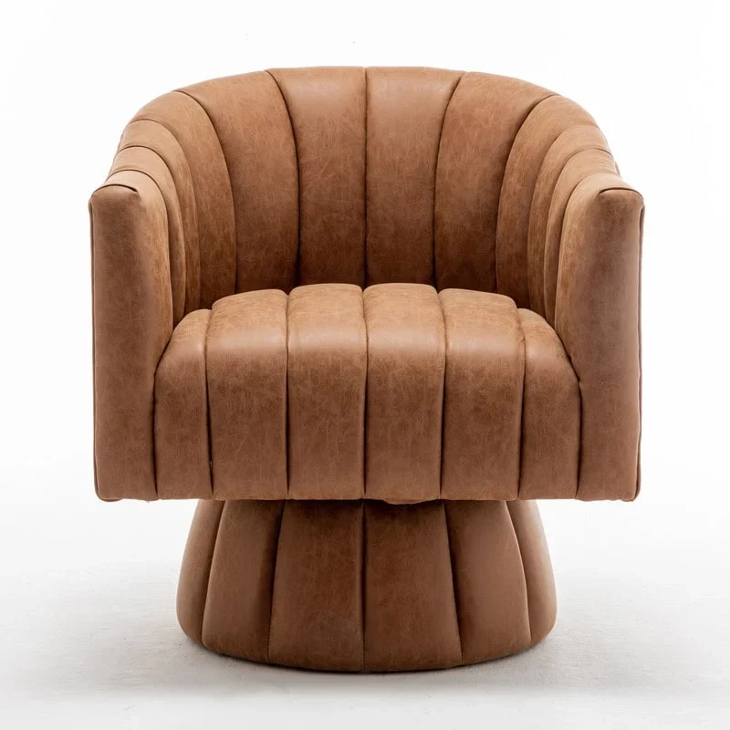 SEYNAR Mid-Century Swivel PU Leather Tufted Round Accent Barrel Chair