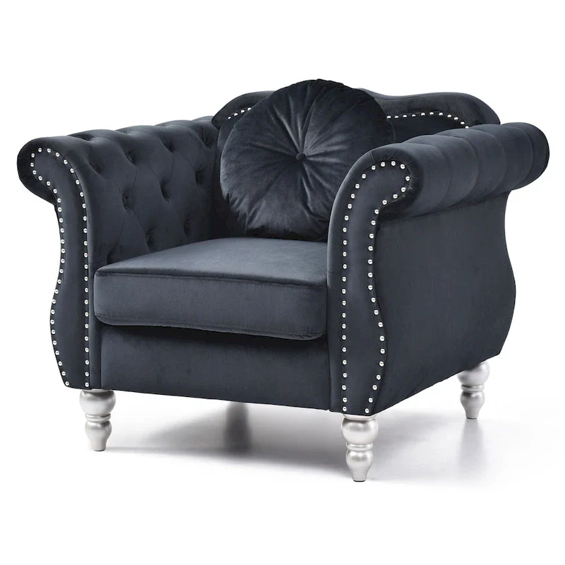 Navy Blue Velvet Accent Chair with Nailhead Trim