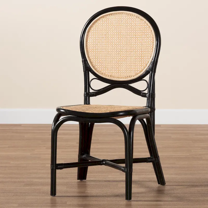 Ayana Mid-Century Modern Two-Tone Black and Natural Brown Rattan Dining Chair