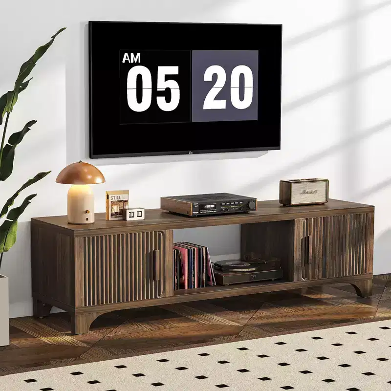 SUGIFT TV Stand for 3280 TVs, Mid-Century Walnut Media Cabinet with Soft-Close Doors and Cord Management
