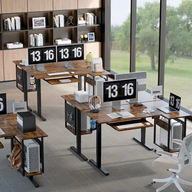 57 inch Electric Standing Desk Adjustable Height L Shaped Desk with Keyboard Tray and Host Shelf