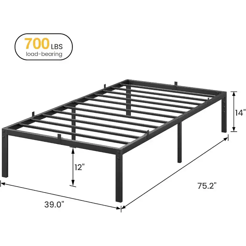 14 Inch Twin Bed Frame No Box Spring Needed, Heavy Duty Twin Platform Metal Bed Frame with Metal Slats, Easy Assembly, Noise Free, Black